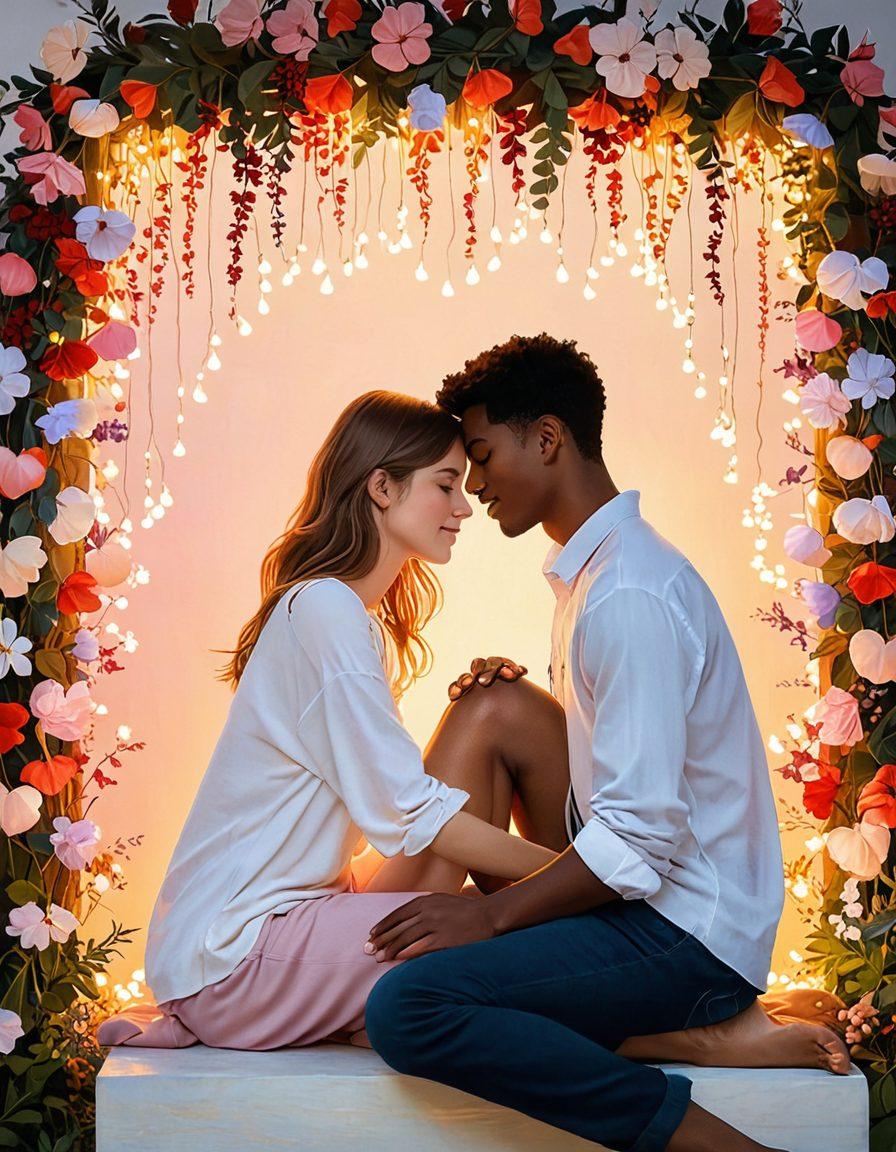 A warm and inviting scene depicting two friends sharing an intimate moment, surrounded by soft, glowing lights and blossoming flowers. Their expressions reflect deep connection and affection, showcasing a transition from friendship to love. Include subtle heart shapes in the background, symbolizing attraction and devotion. The color palette should be rich in pastels and warm tones to evoke feelings of comfort and intimacy. soft painting style. vibrant colors.