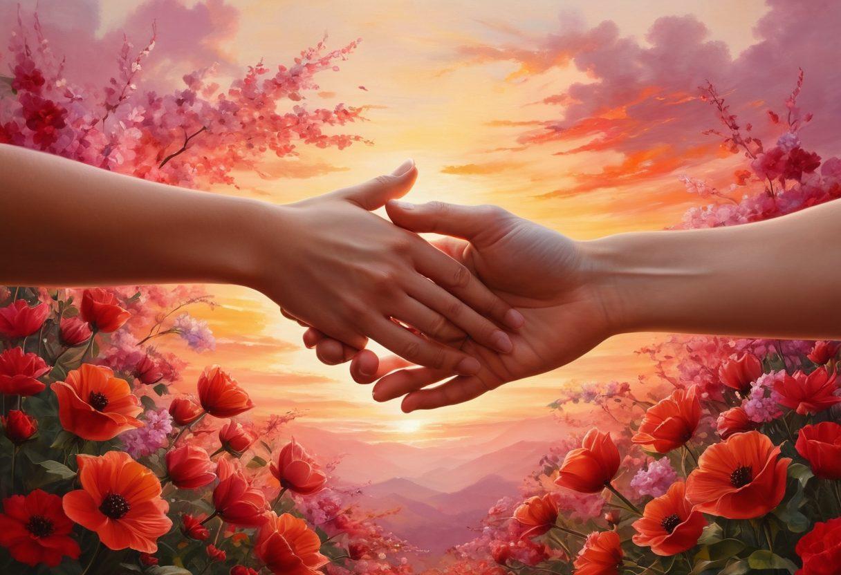 A pair of intertwined hands surrounded by blooming flowers, each blossom representing various emotions like joy, trust, and commitment. The background features softly blurred silhouettes of a couple embracing under a sunset, symbolizing warmth and love. The color palette should be rich in reds and pinks, evoking passion and tenderness. ethereal, vibrant colors, gentle brush strokes.