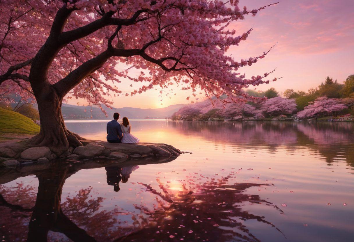 A serene scene depicting a couple sitting under a blooming cherry blossom tree, surrounded by soft pink petals floating in the air, sharing a heartfelt gaze. The background features a tranquil lake reflecting the sunset colors, symbolizing warmth and intimacy. Small glowing hearts gently drifting around them to emphasize affection. super-realistic. vibrant colors. peaceful atmosphere.